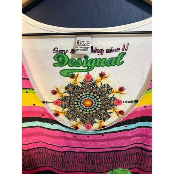 Desigual Womens Floral Geometric Print Dress Short Sleeve Multicolor 51V20X2 - Picture 5 of 6